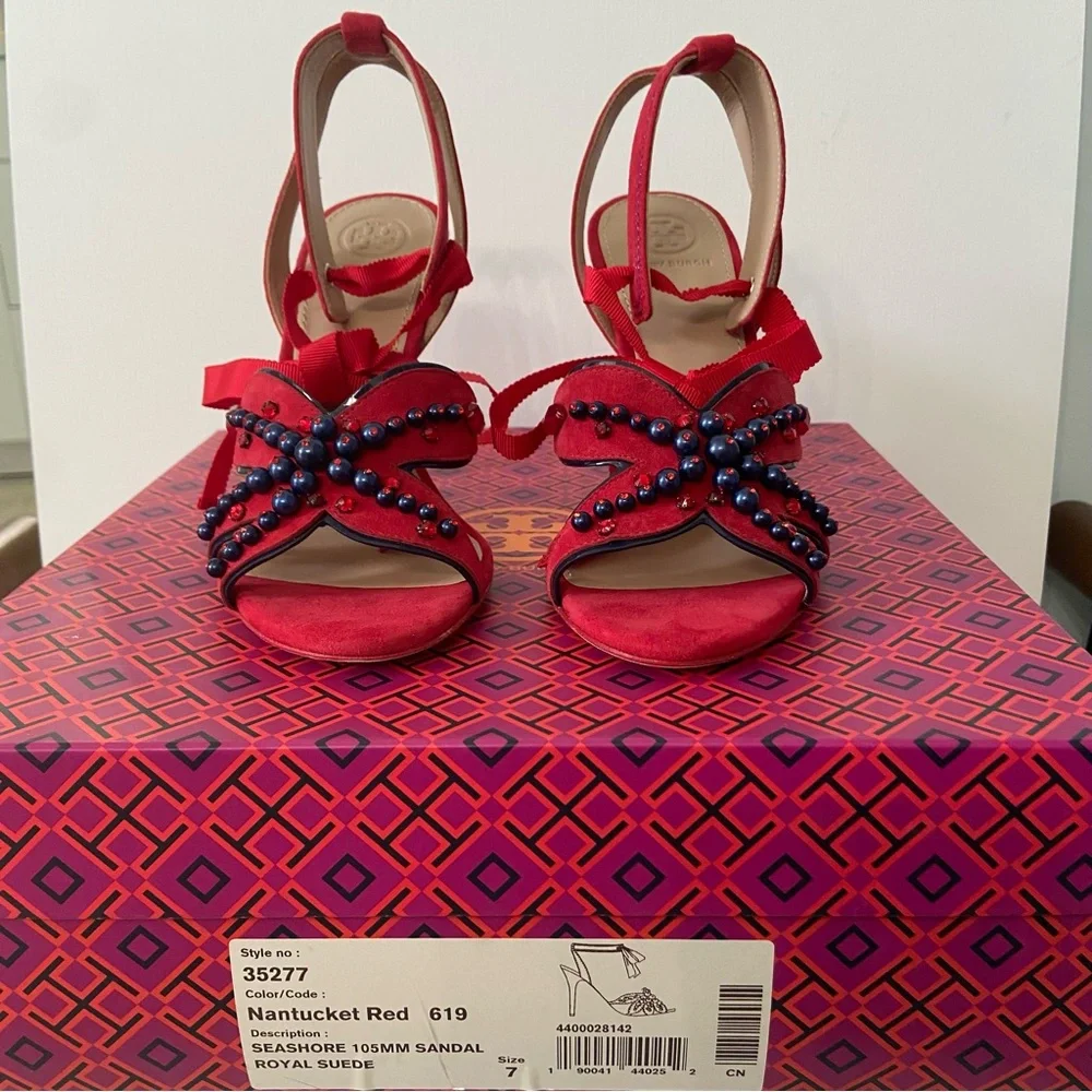 TORY BURCH NIB Seaside Red Suede Beaded Ribbon Ankle Strap Heels 7